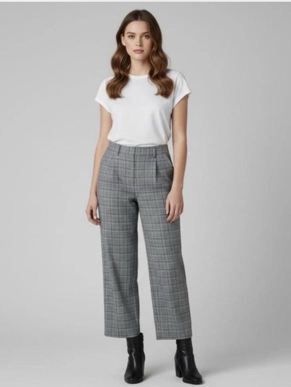 High-Rise Gray Plaid Cropped Straight-Leg Trousers